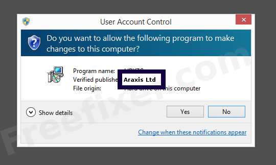Screenshot where Araxis Ltd appears as the verified publisher in the UAC dialog